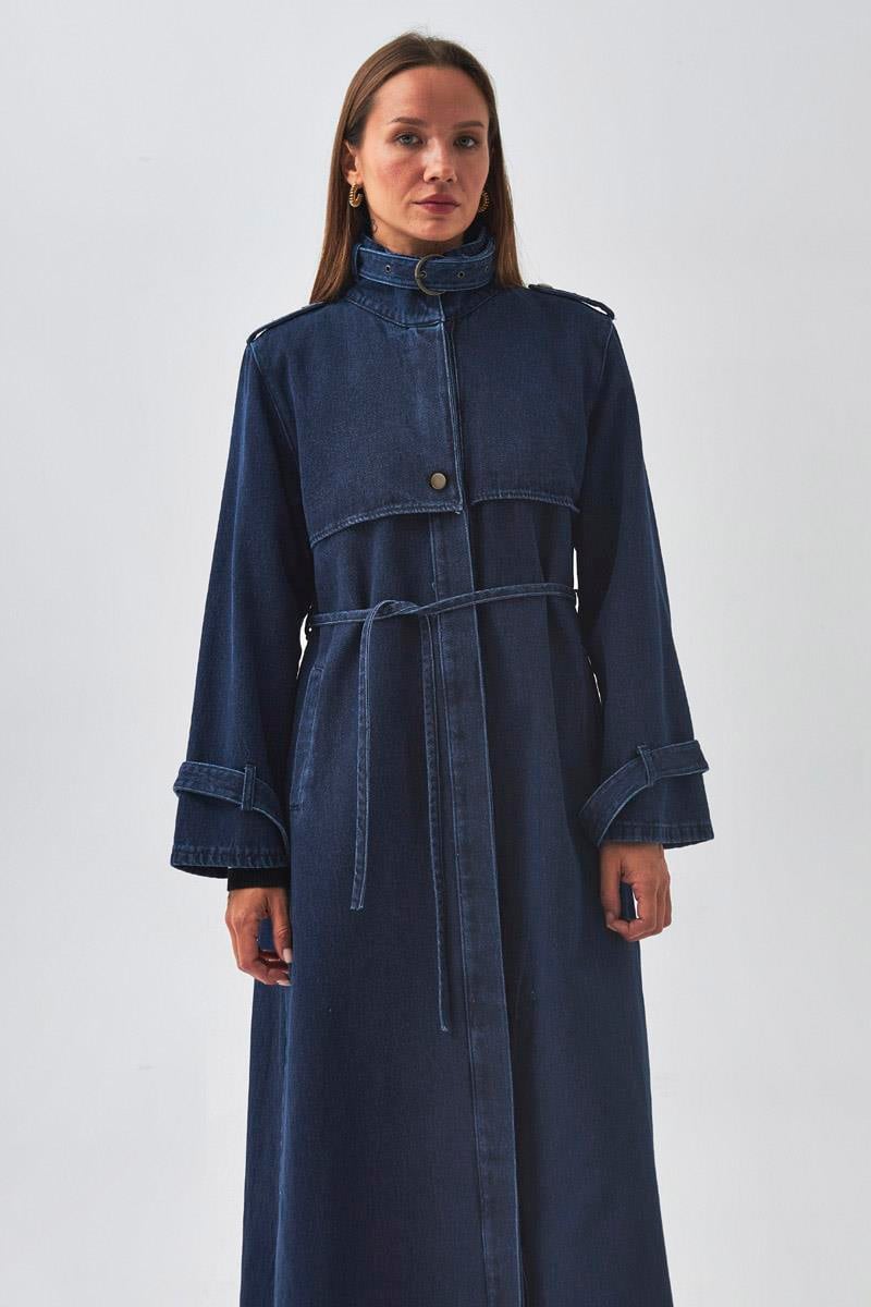 Apolet Detaylı Denim Trençkot Açık Mavi