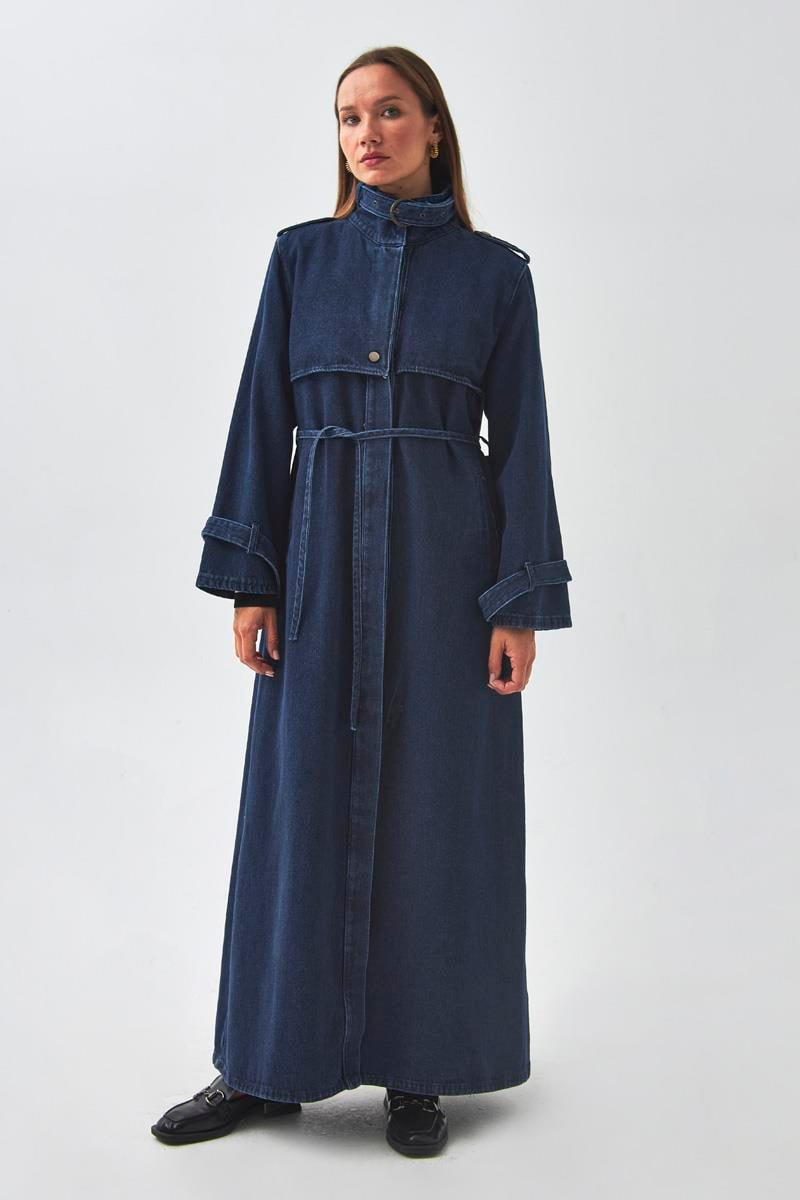 Apolet Detaylı Denim Trençkot Açık Mavi