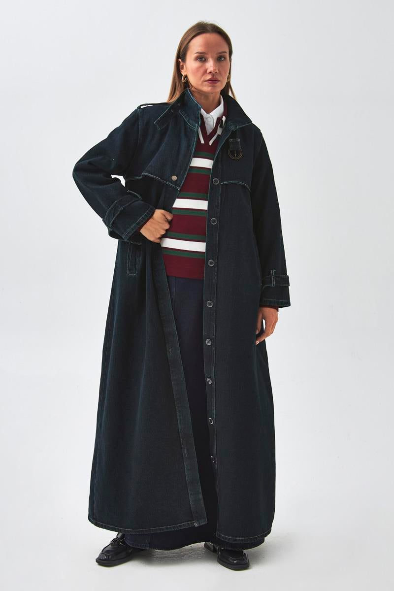 Apolet Detaylı Denim Trençkot Koyu Mavi