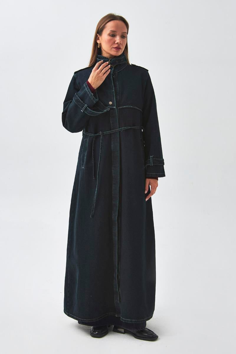Apolet Detaylı Denim Trençkot Koyu Mavi