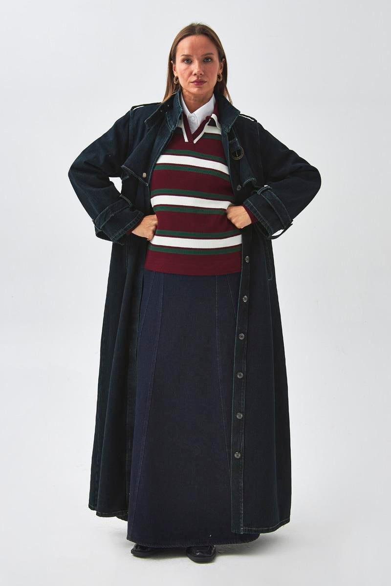 Apolet Detaylı Denim Trençkot Koyu Mavi