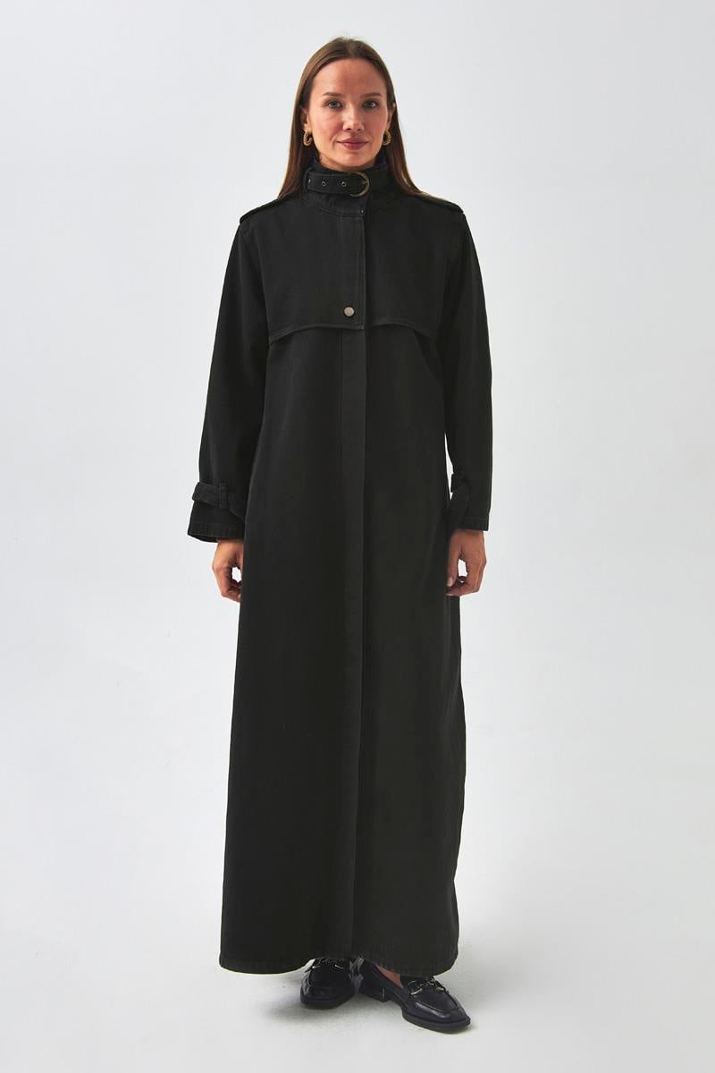 Apolet Detaylı Denim Trençkot Siyah