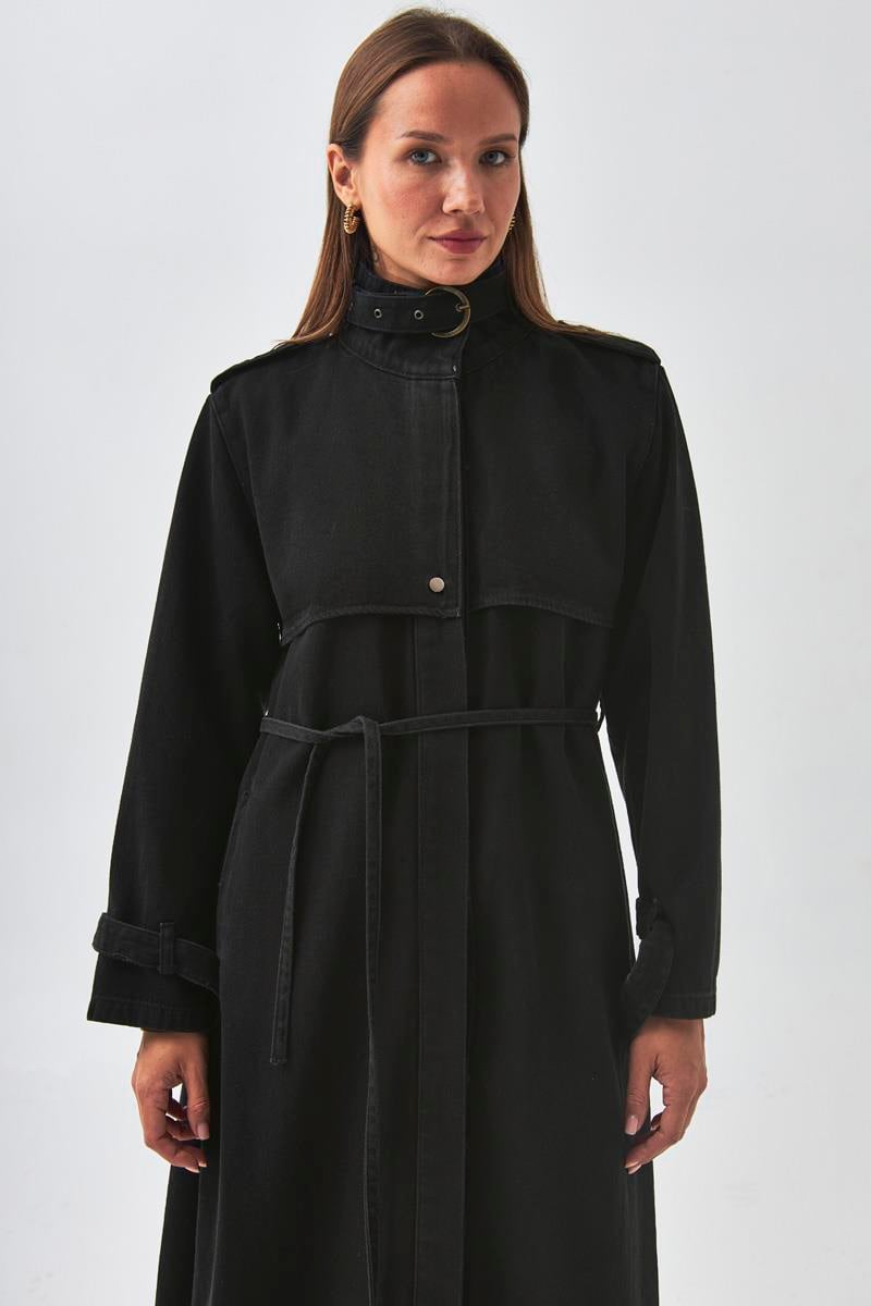 Apolet Detaylı Denim Trençkot Siyah