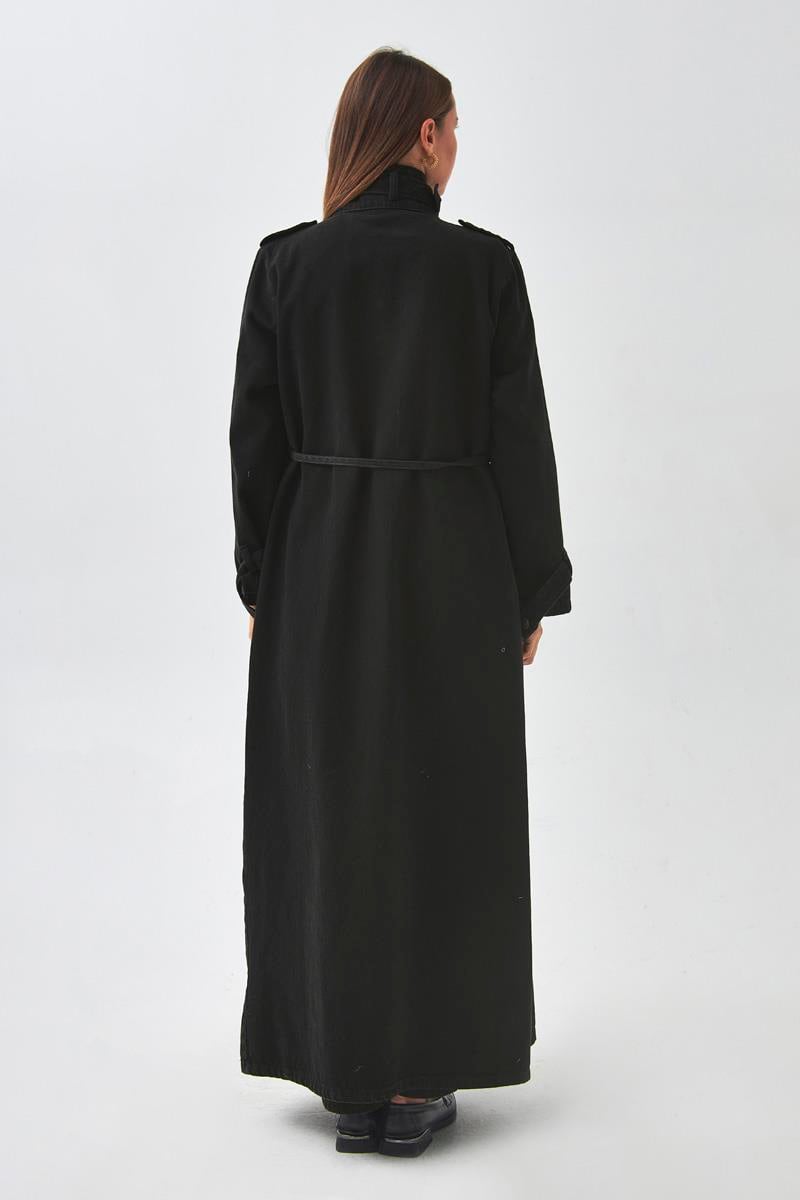 Apolet Detaylı Denim Trençkot Siyah