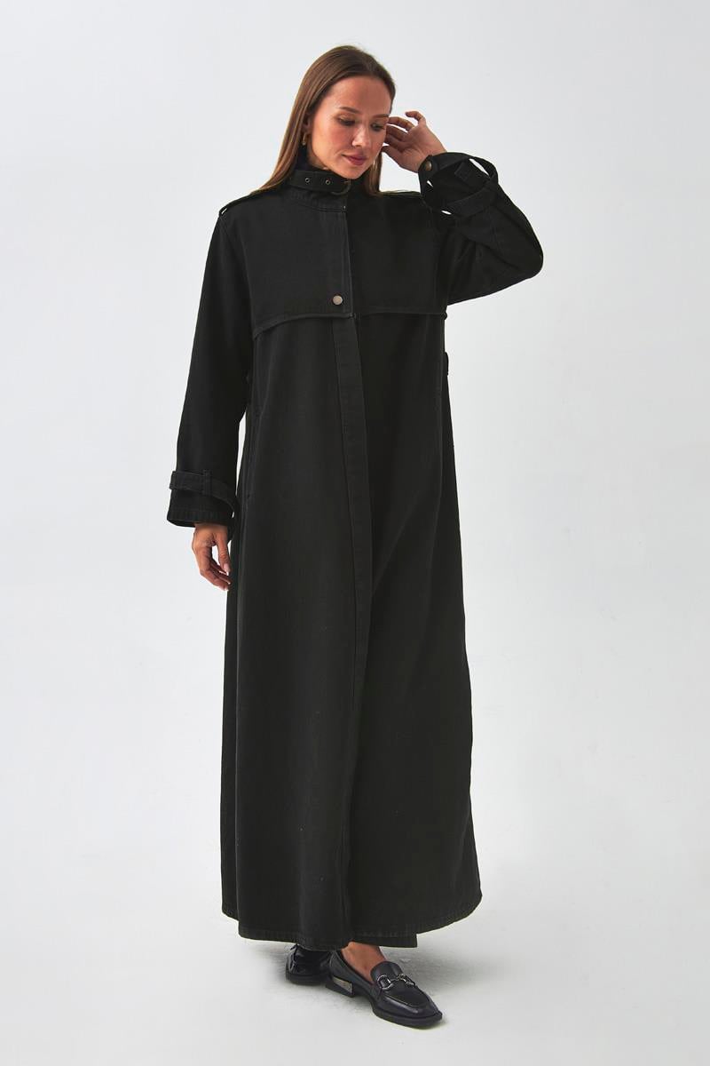 Apolet Detaylı Denim Trençkot Siyah