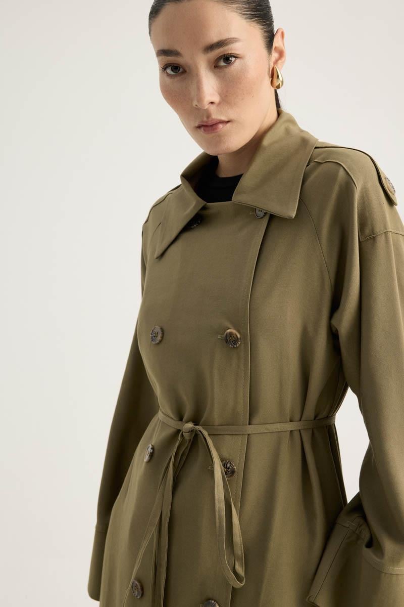 Apoletli Kruvaze Trençkot Haki