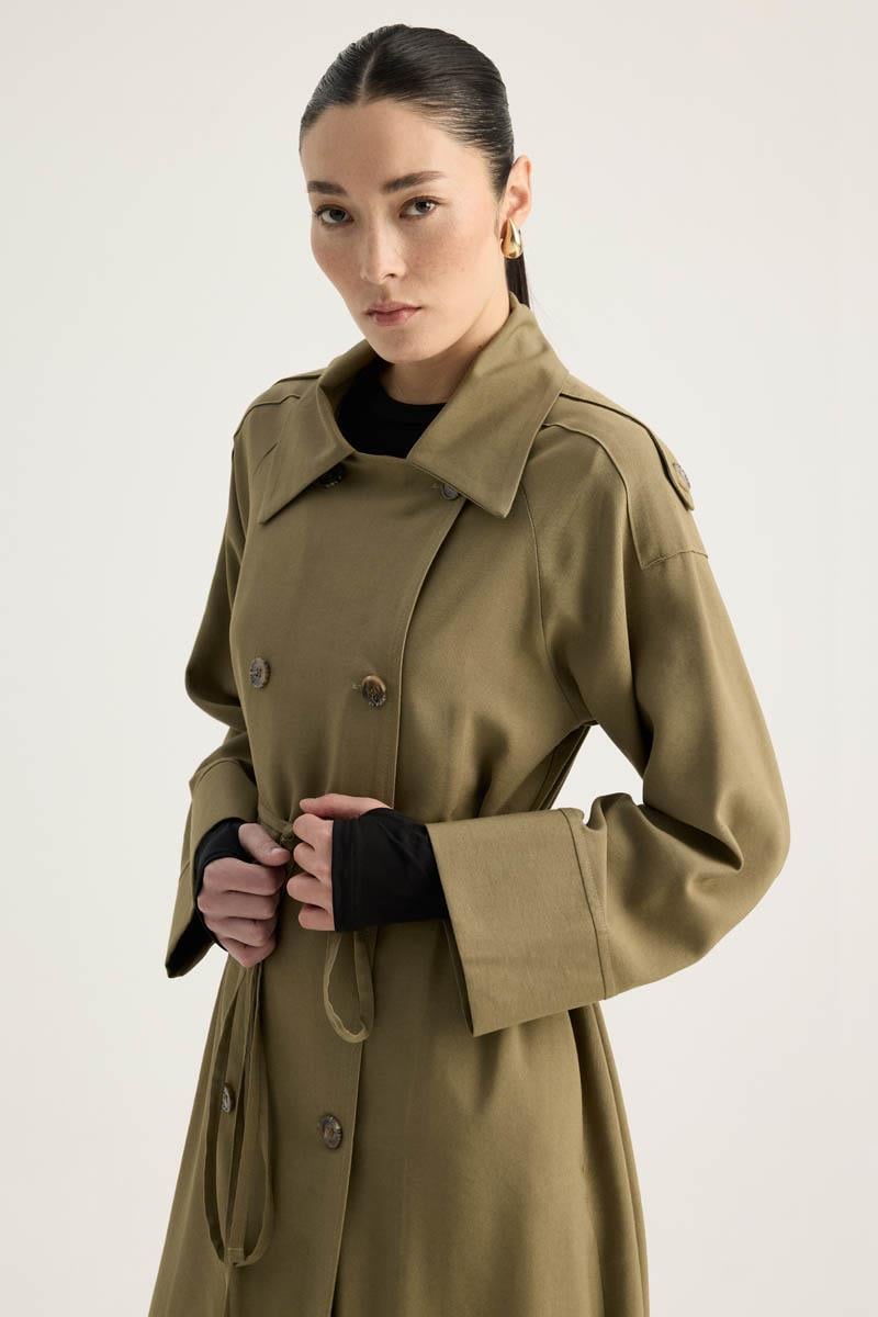 Apoletli Kruvaze Trençkot Haki