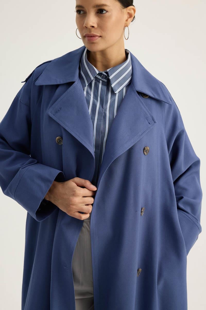 Apoletli Kruvaze Trençkot İndigo