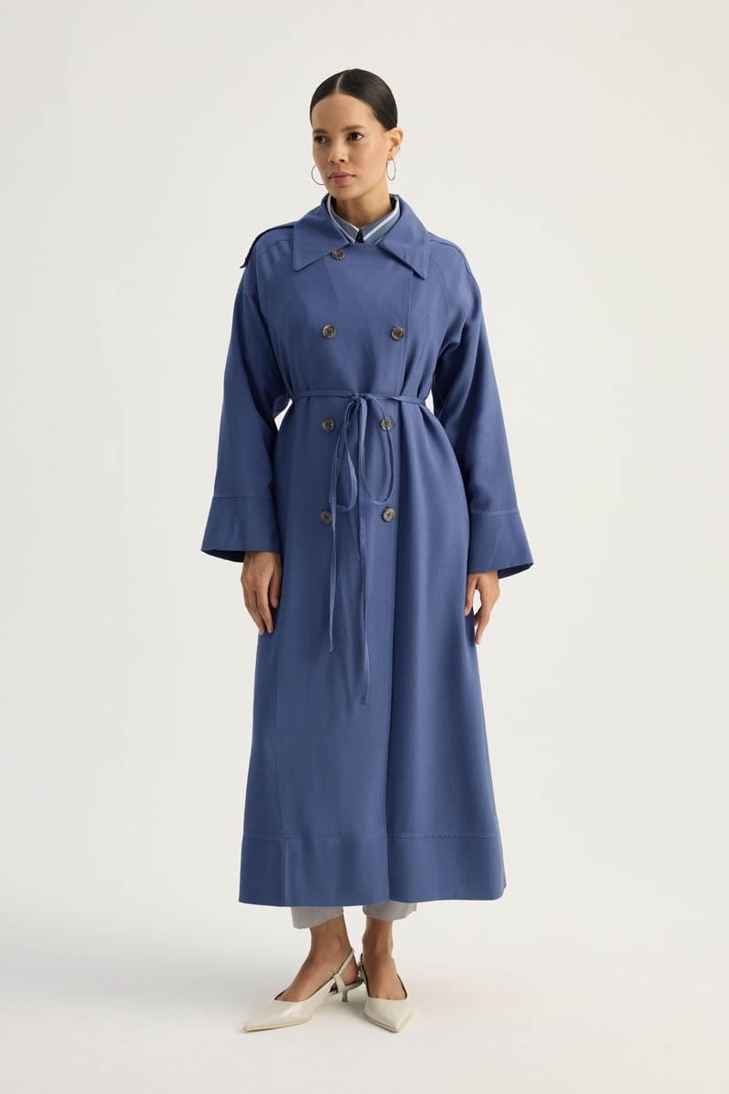 Apoletli Kruvaze Trençkot İndigo