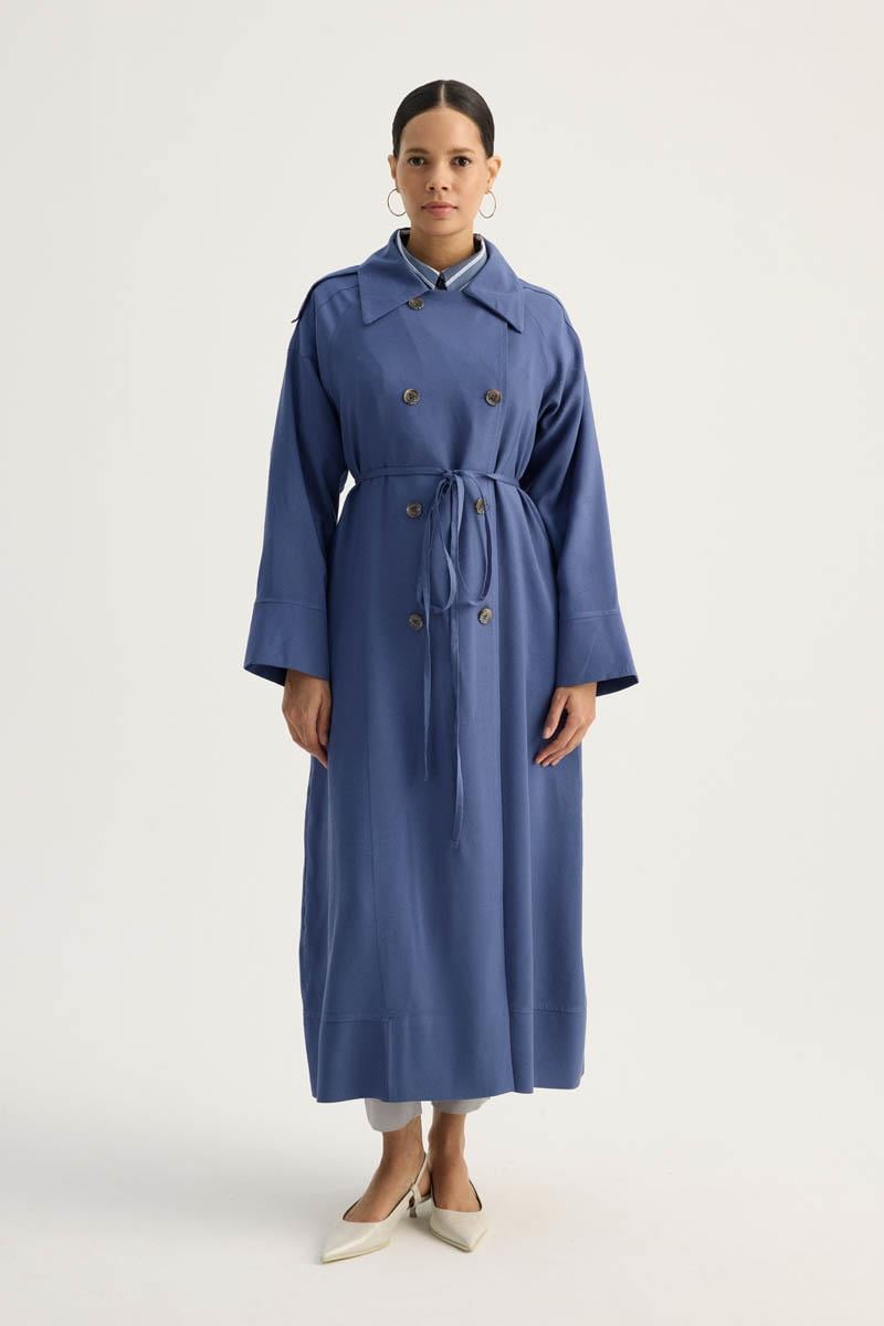 Apoletli Kruvaze Trençkot İndigo