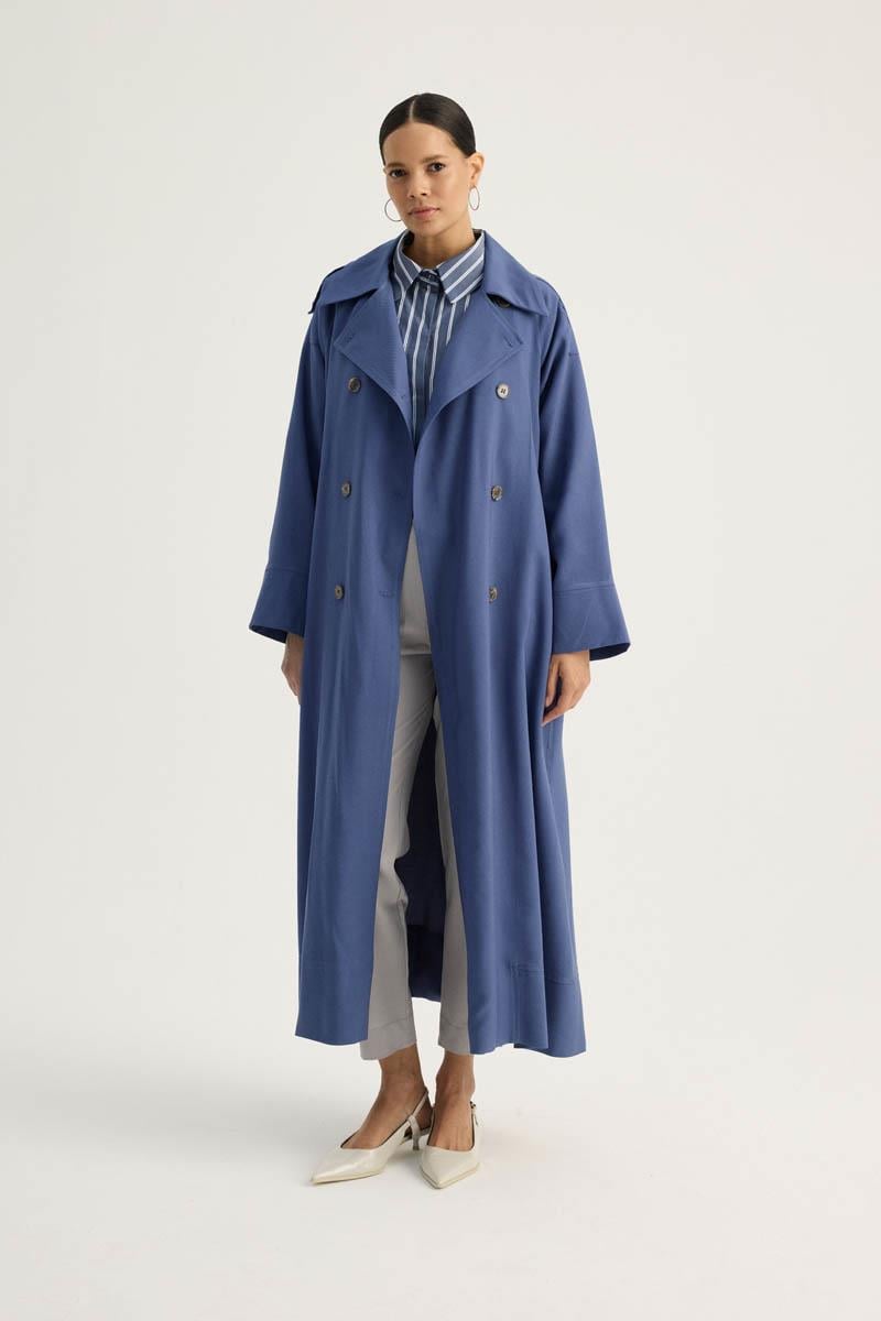 Apoletli Kruvaze Trençkot İndigo