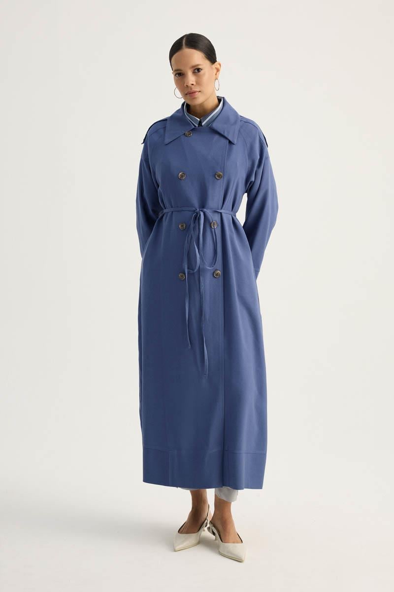 Apoletli Kruvaze Trençkot İndigo