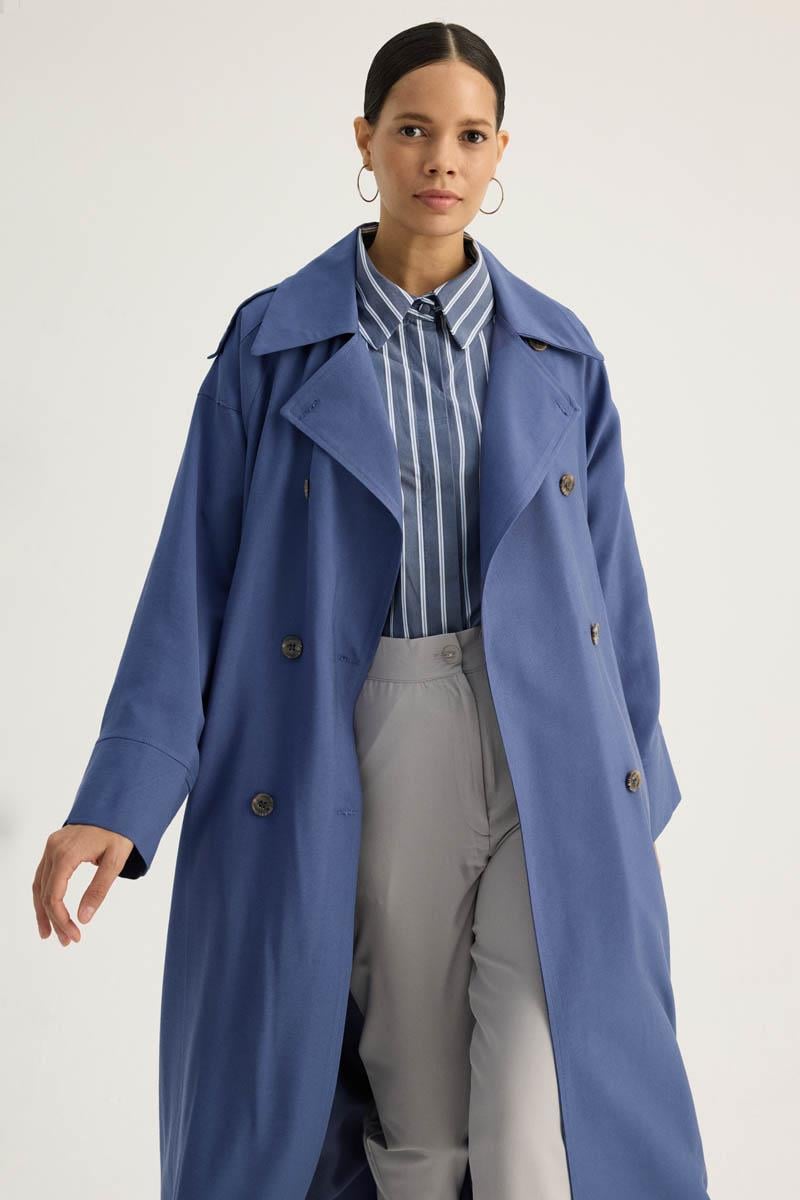 Apoletli Kruvaze Trençkot İndigo