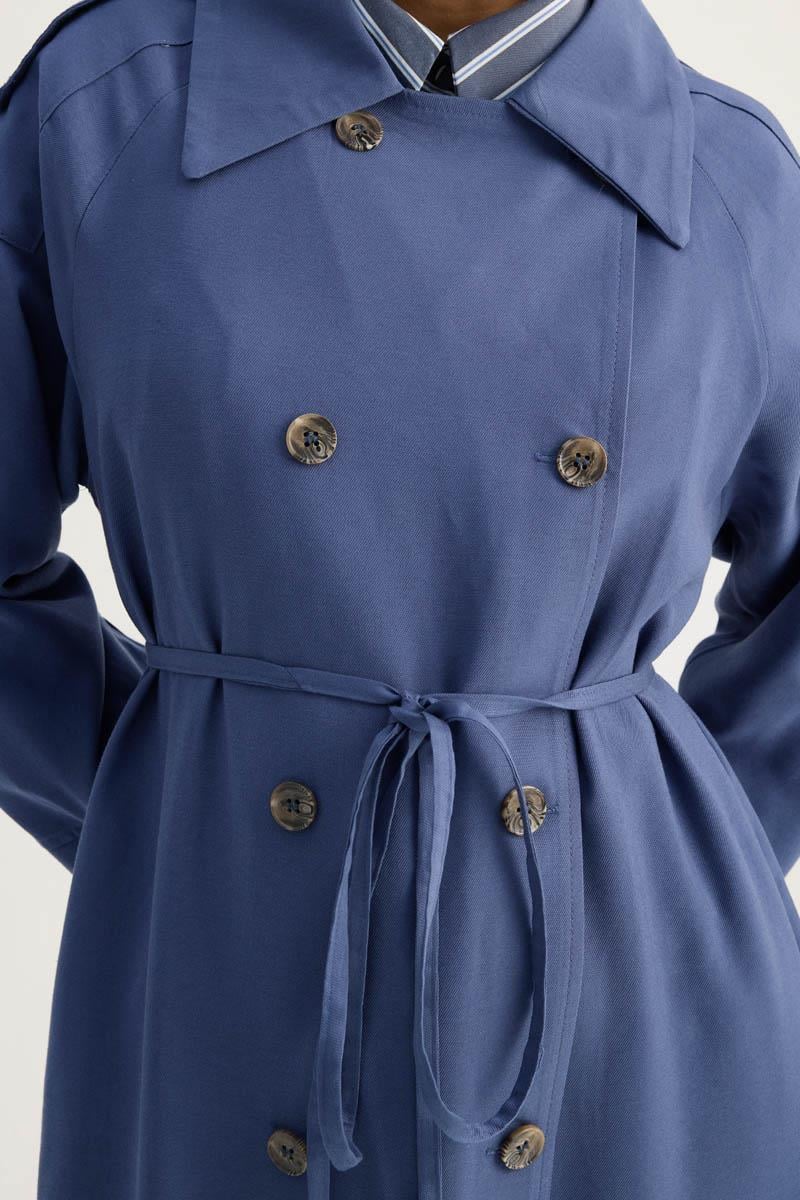 Apoletli Kruvaze Trençkot İndigo
