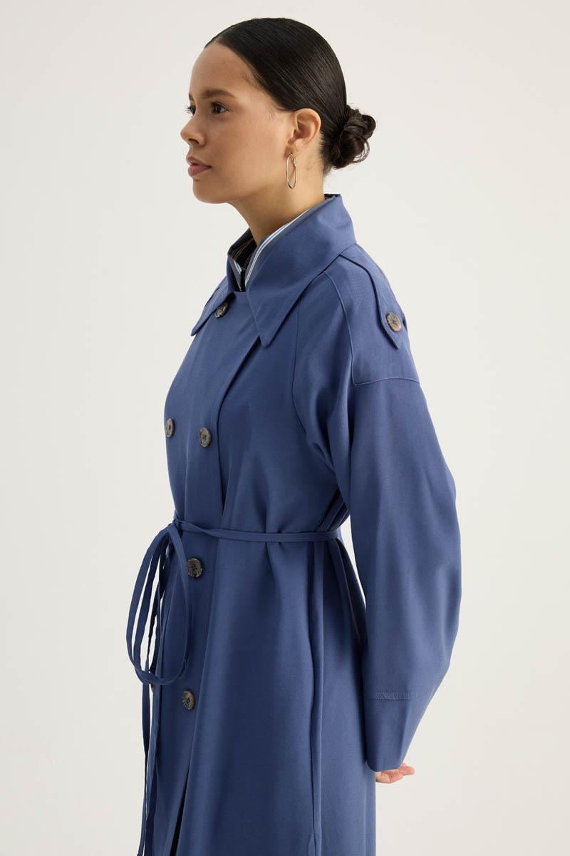 Apoletli Kruvaze Trençkot İndigo