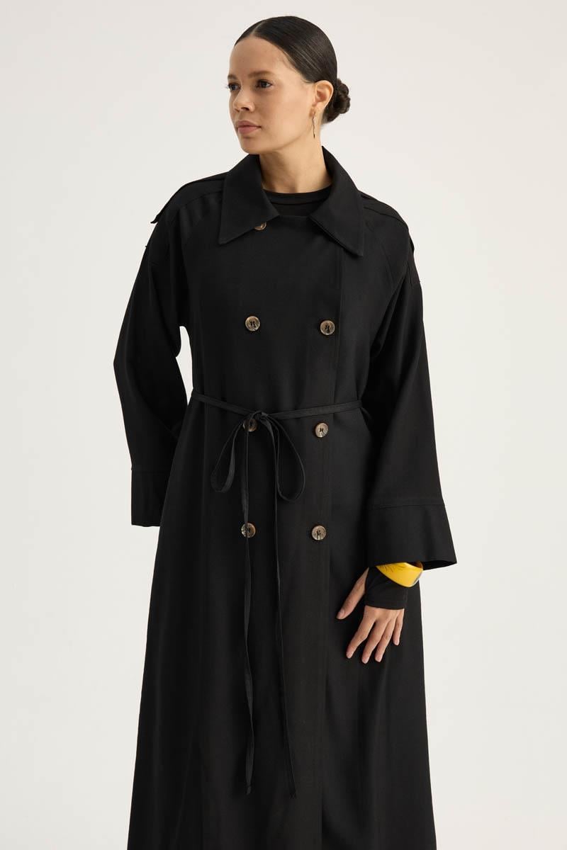 Apoletli Kruvaze Trençkot Siyah