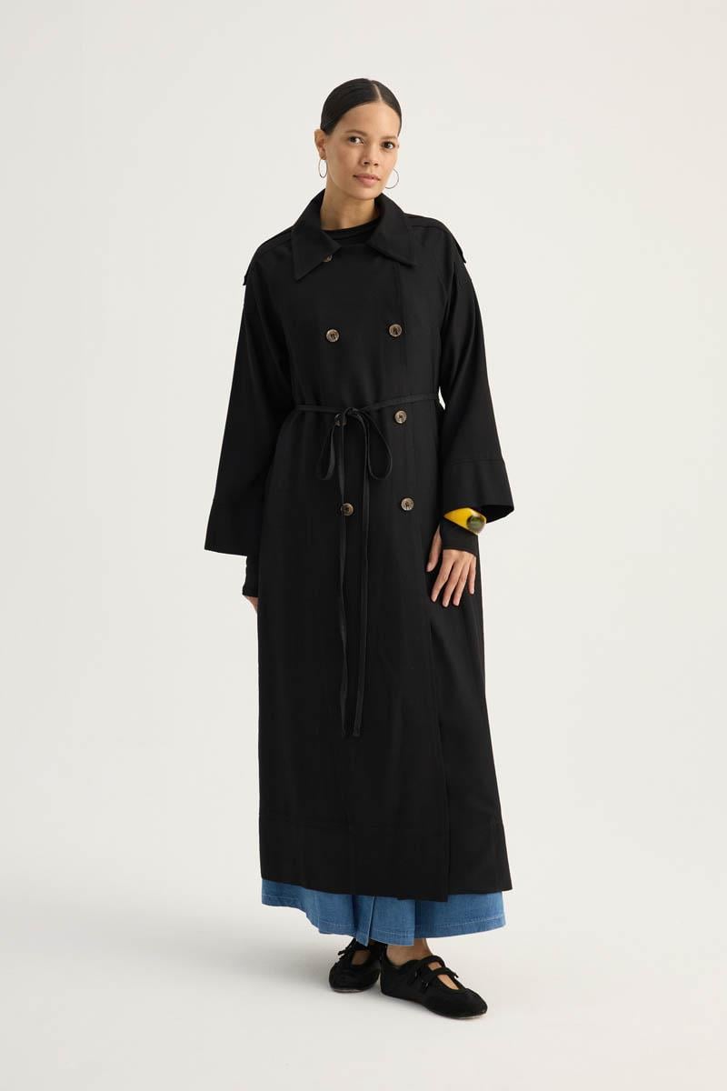 Apoletli Kruvaze Trençkot Siyah