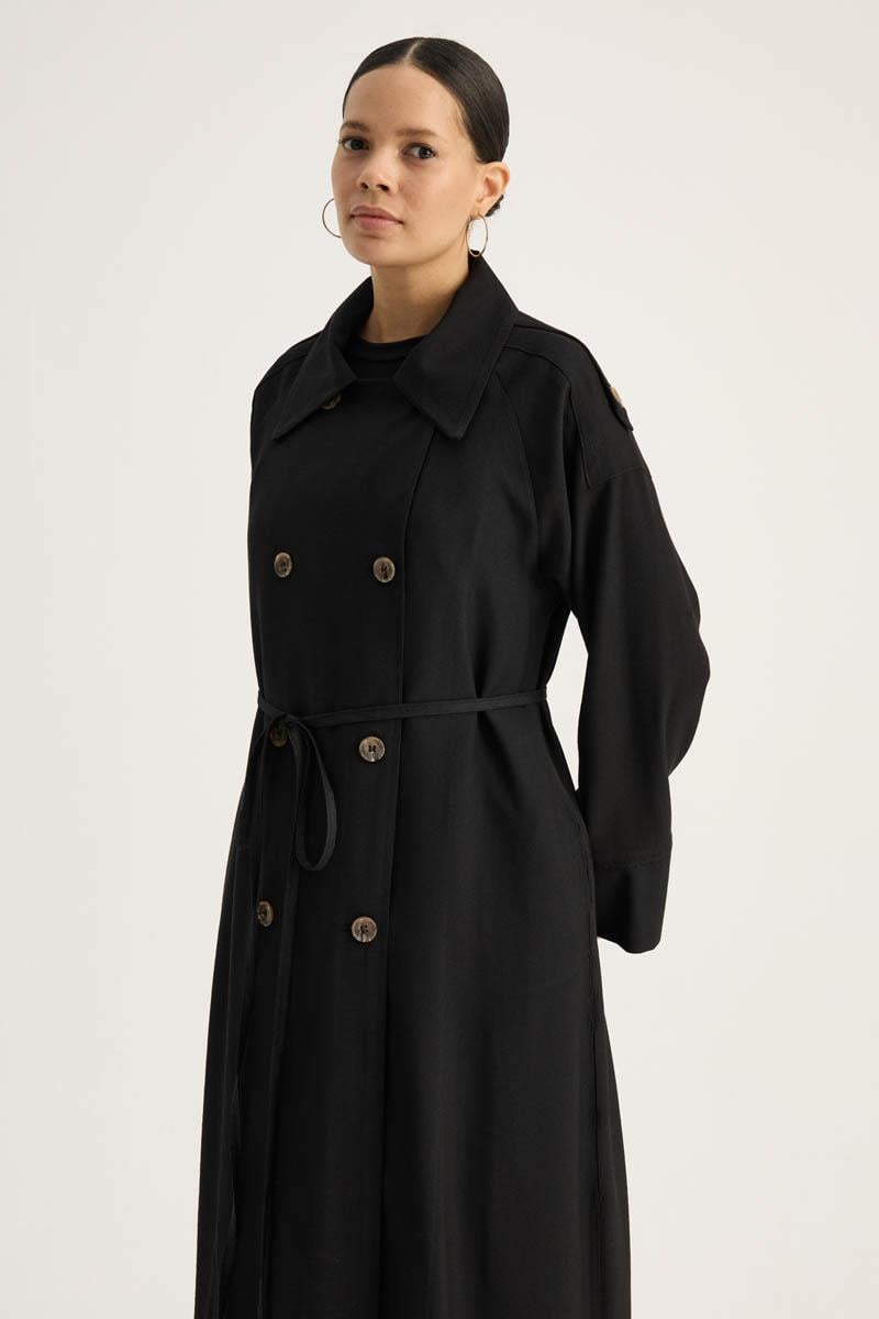 Apoletli Kruvaze Trençkot Siyah