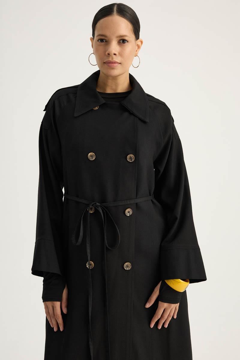 Apoletli Kruvaze Trençkot Siyah