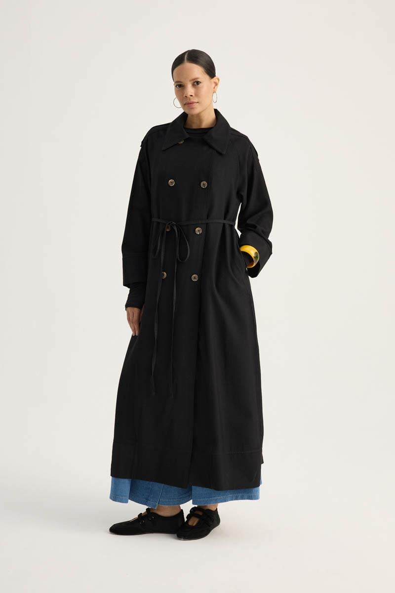 Apoletli Kruvaze Trençkot Siyah