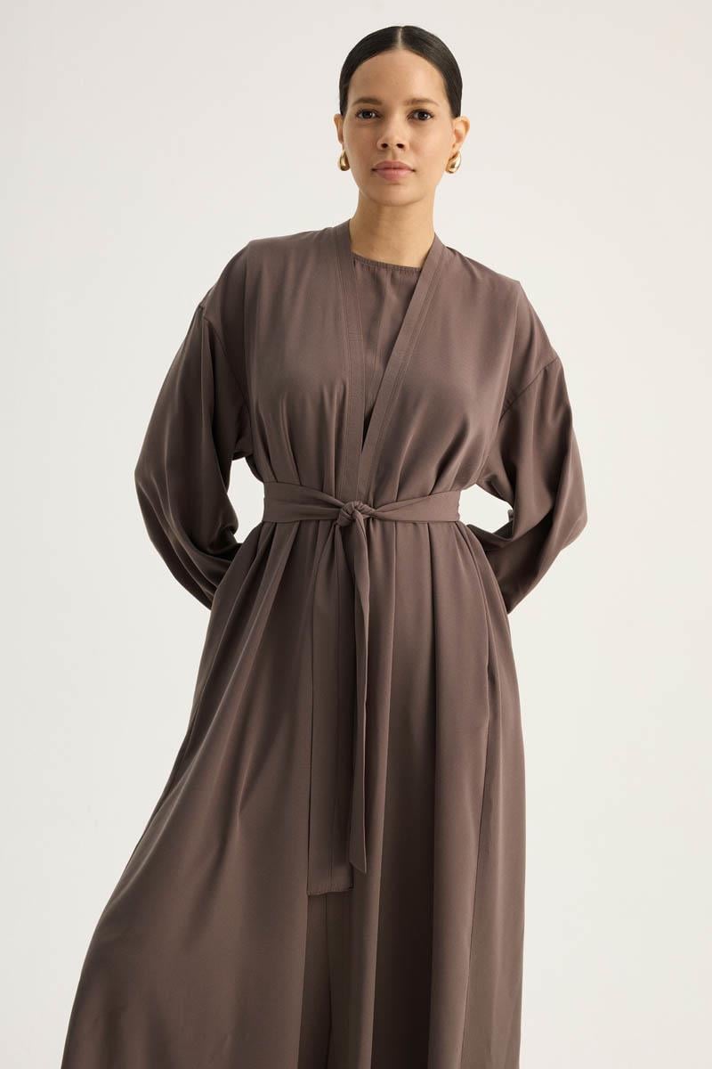 Arka Parçalı Abaya Takım Kahverengi