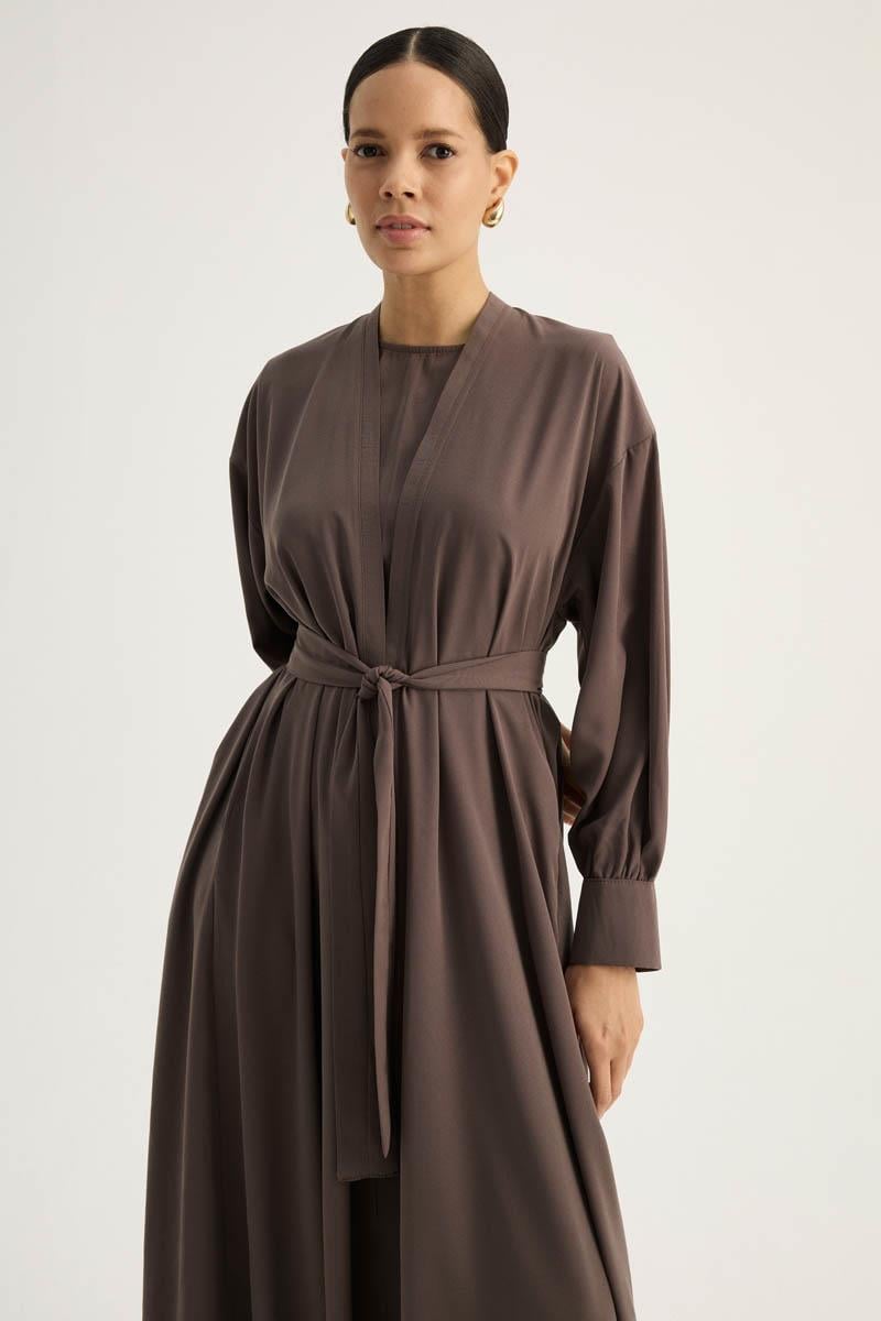 Arka Parçalı Abaya Takım Kahverengi