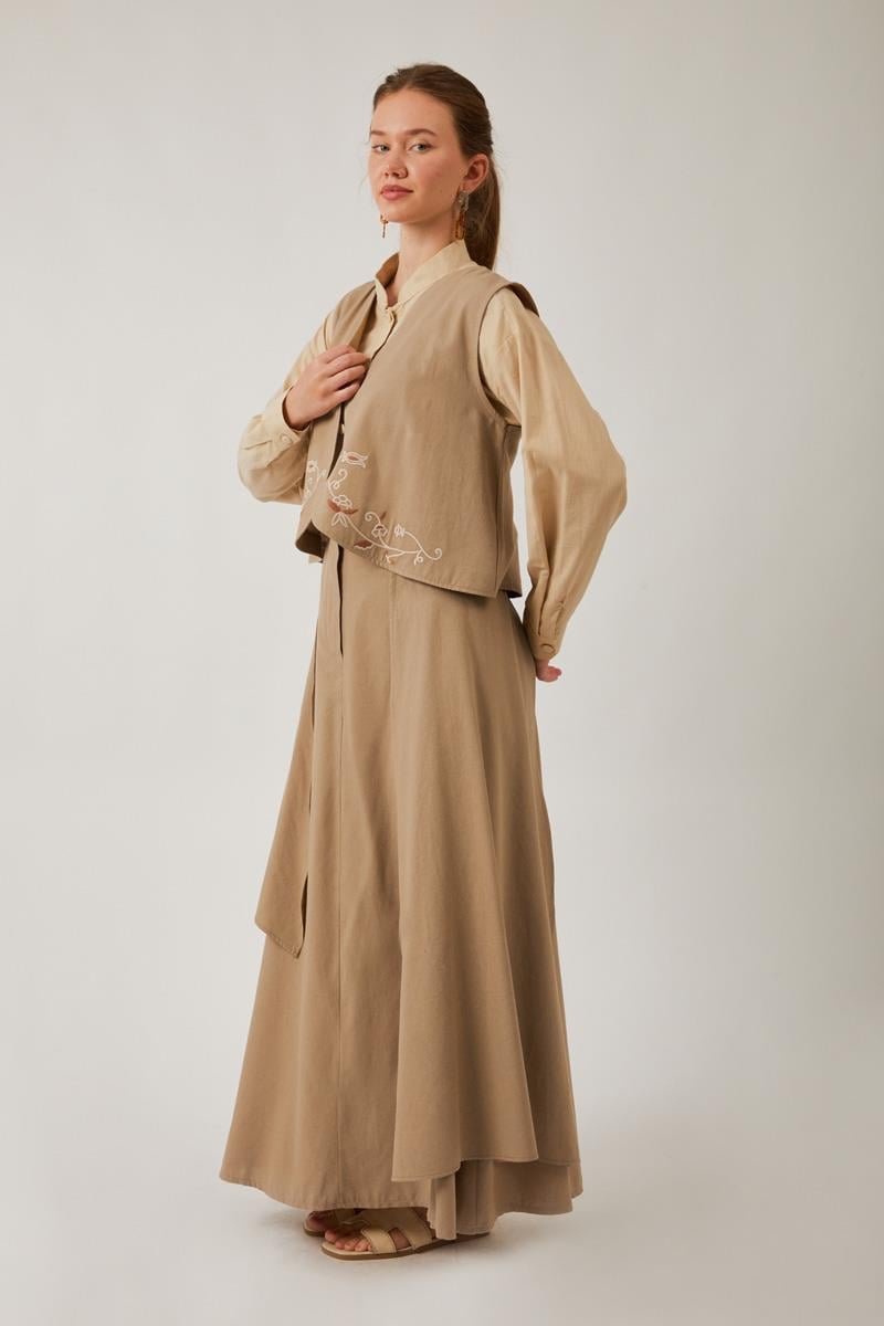 Asimetrik Etekli Yelek Takım Vizon