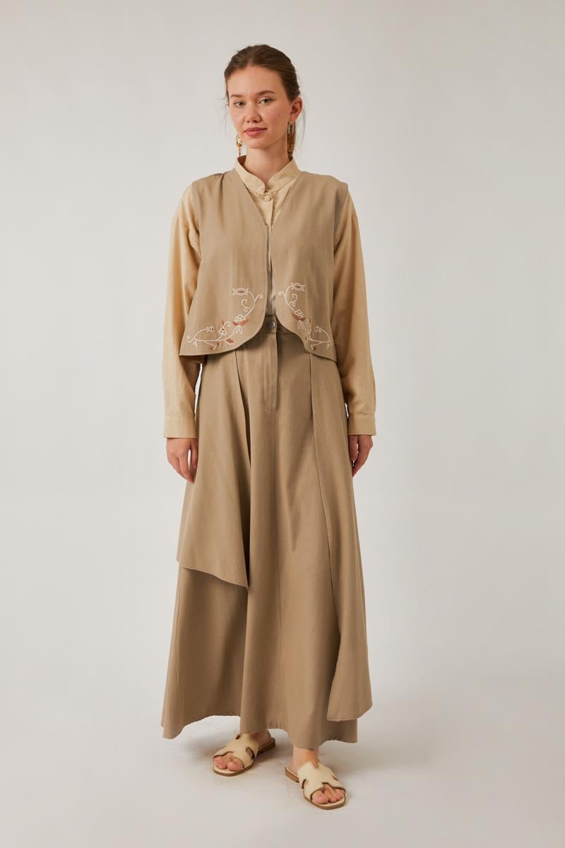 Asimetrik Etekli Yelek Takım Vizon