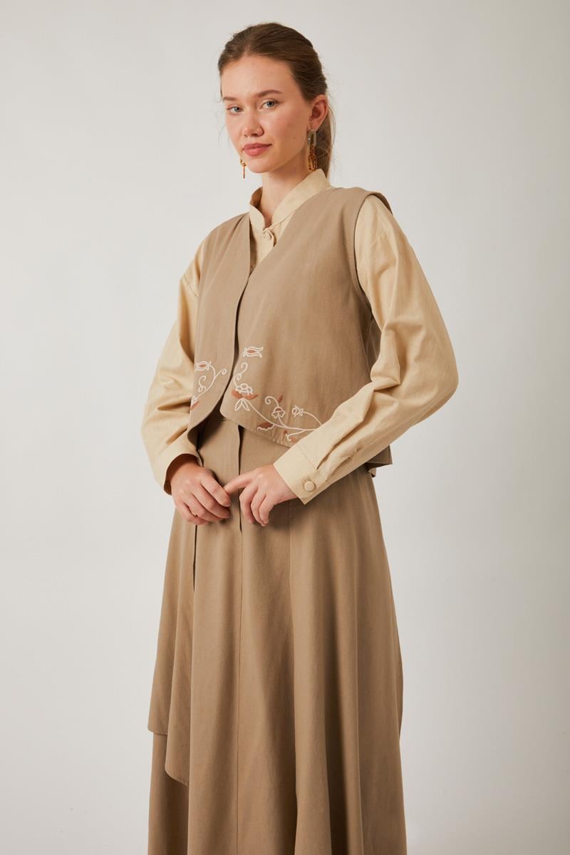 Asimetrik Etekli Yelek Takım Vizon