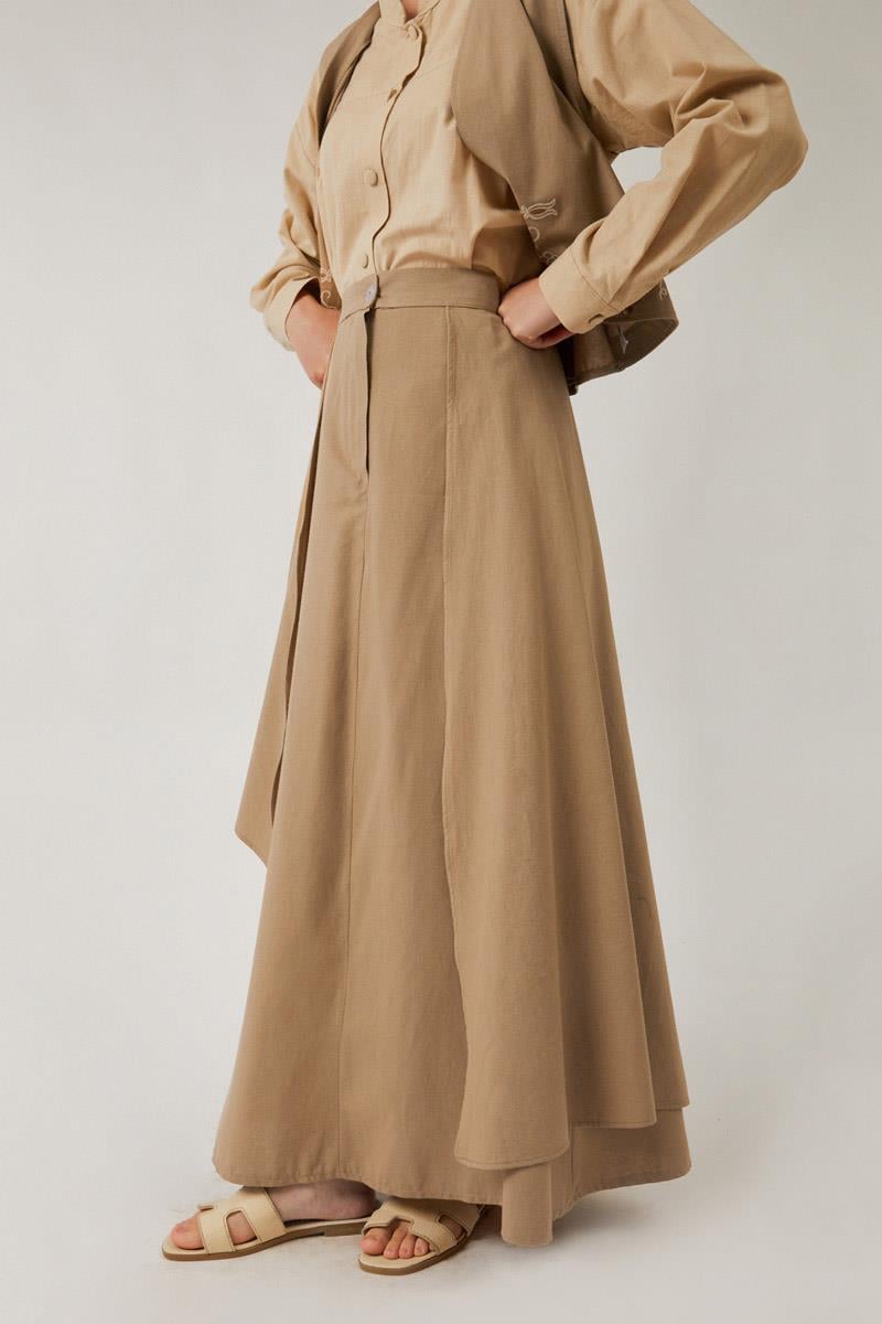 Asimetrik Etekli Yelek Takım Vizon