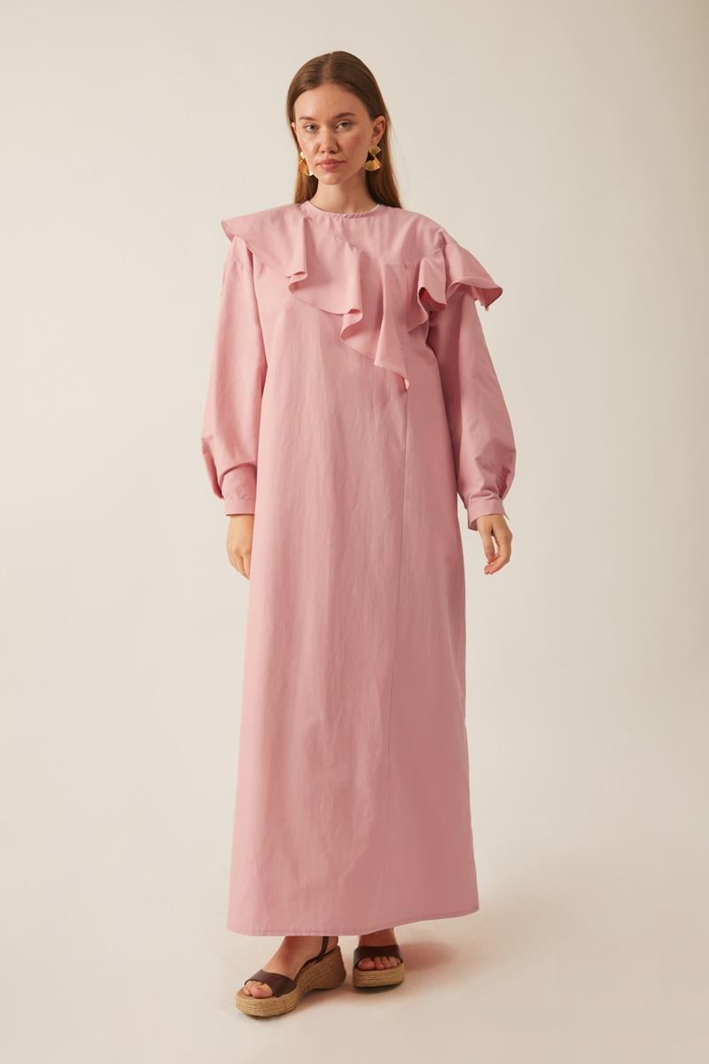 Asimetrik Volanlı Elbise Pembe
