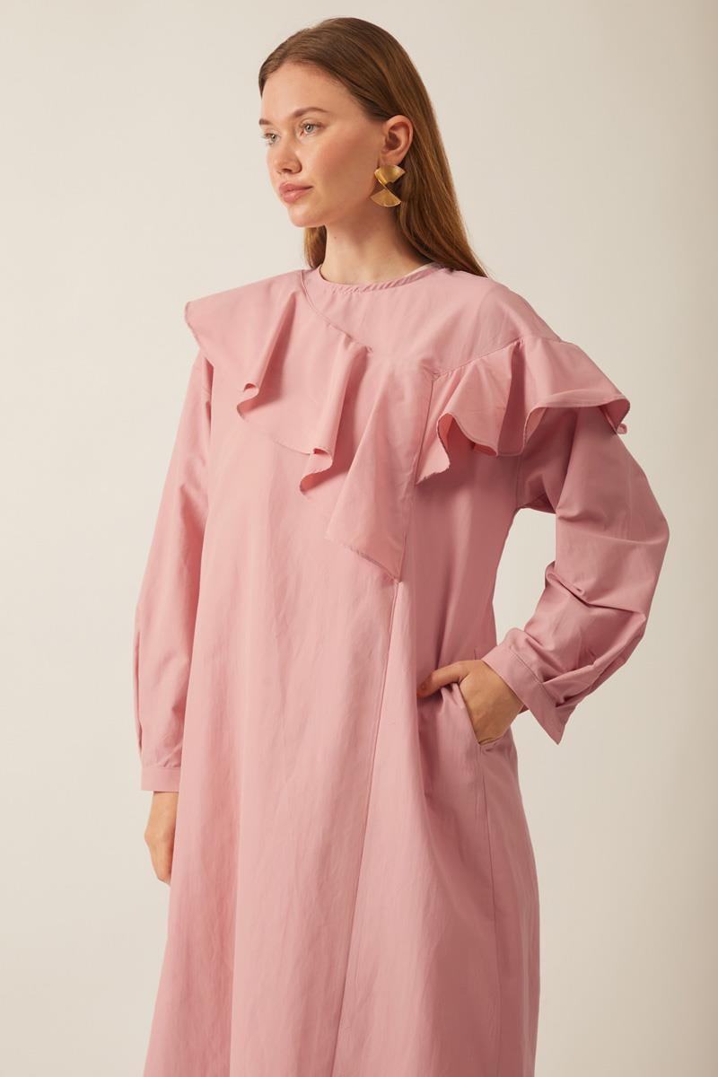 Asimetrik Volanlı Elbise Pembe
