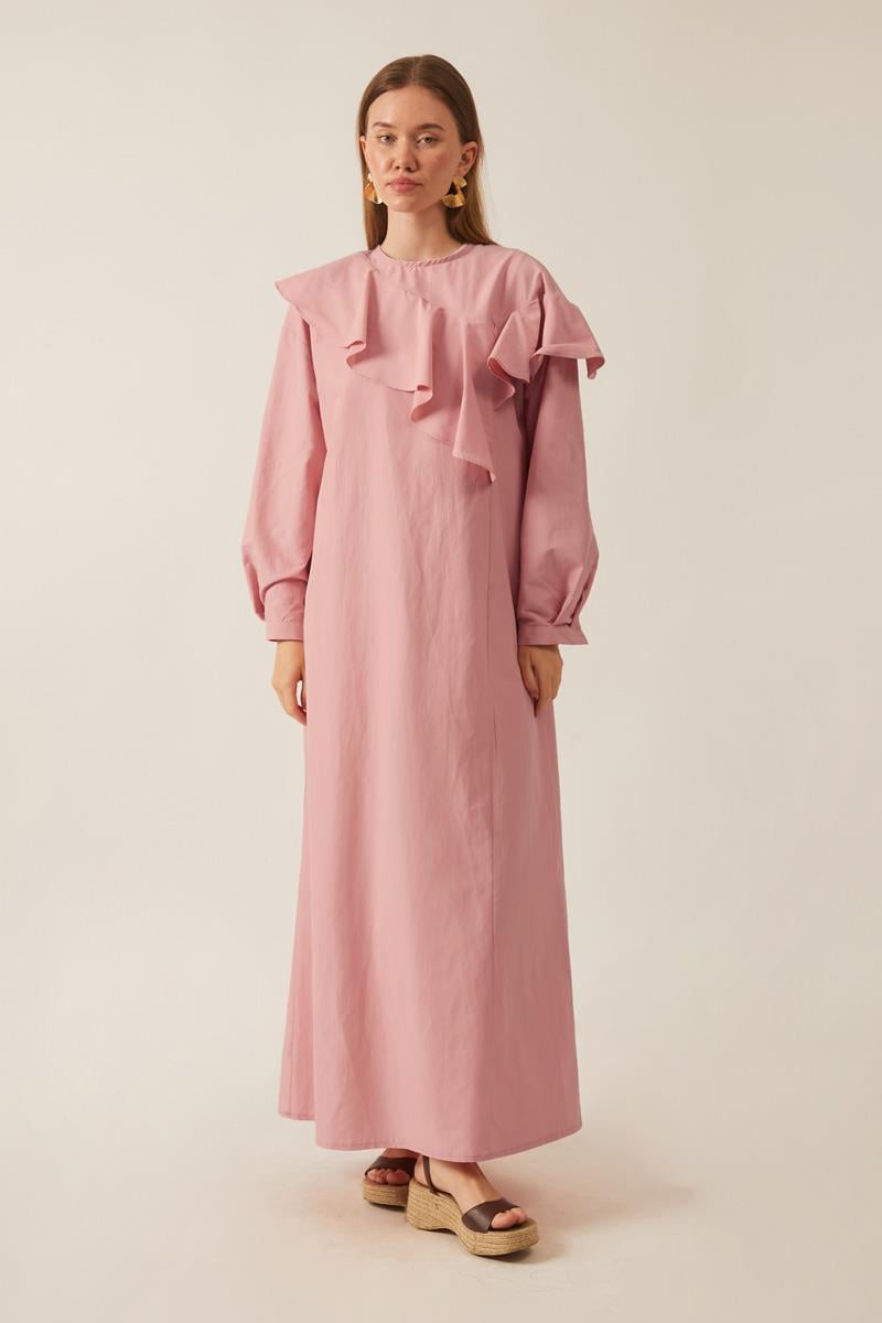 Asimetrik Volanlı Elbise Pembe
