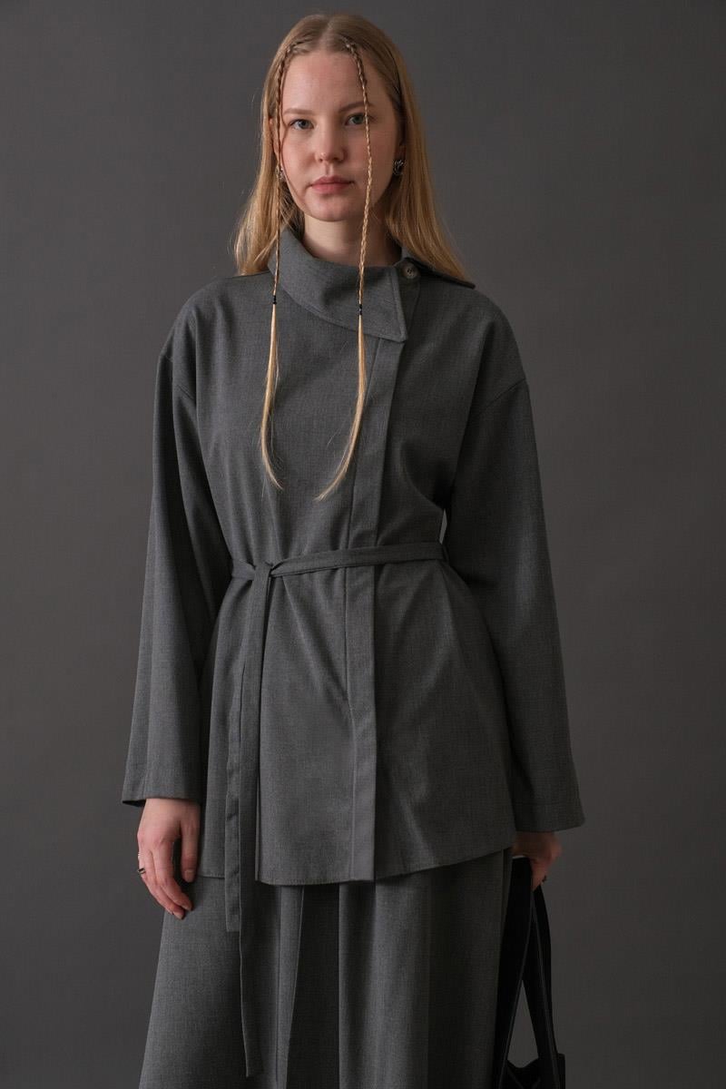 Asimetrik Yaka Gömlek Gri 