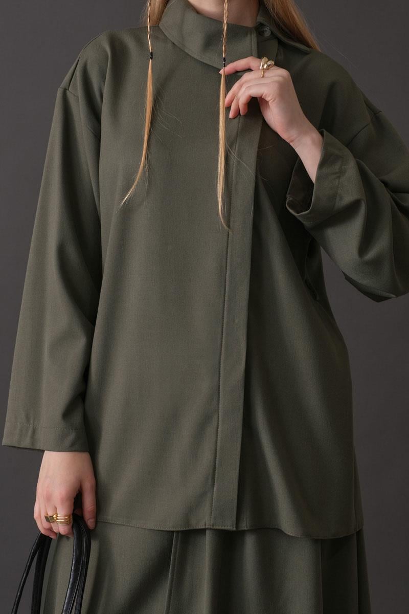 Asimetrik Yaka Gömlek Haki