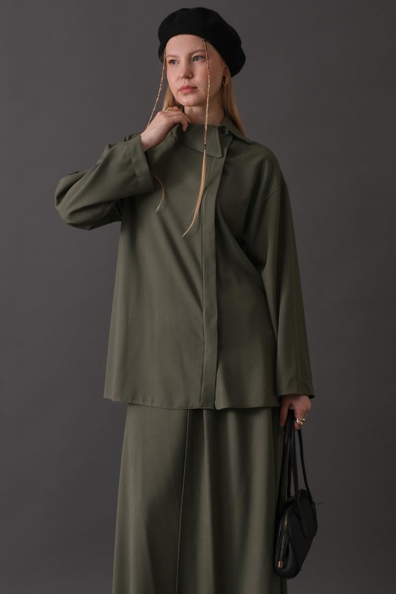 Asimetrik Yaka Gömlek Haki