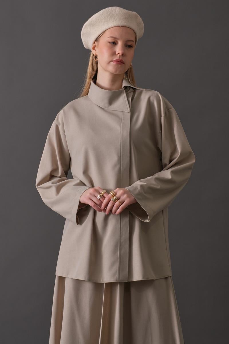 Asimetrik Yaka Gömlek Koyu Taş