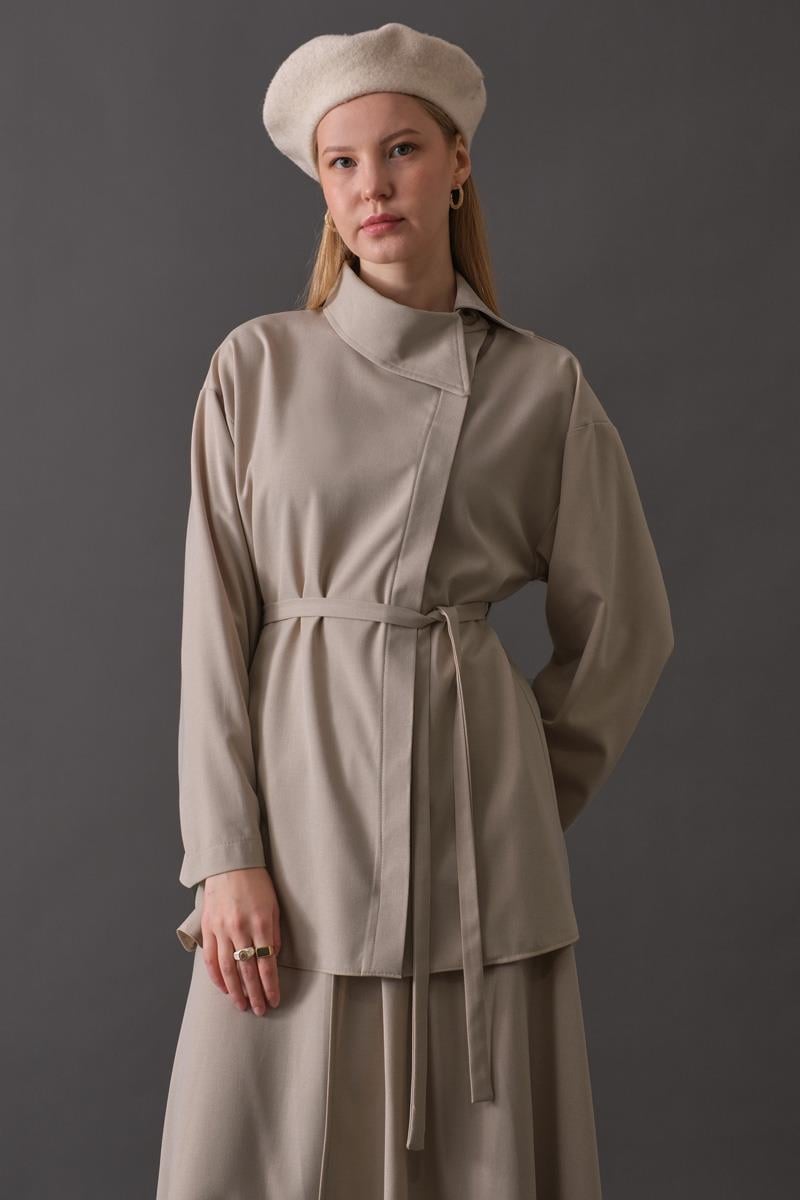 Asimetrik Yaka Gömlek Koyu Taş