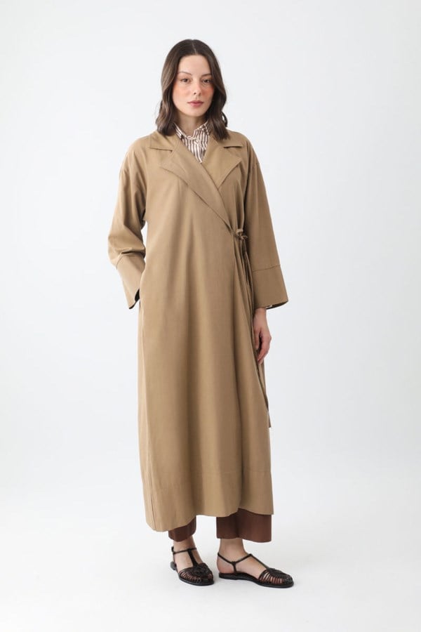 Bağlamalı Keten Trençkot camel