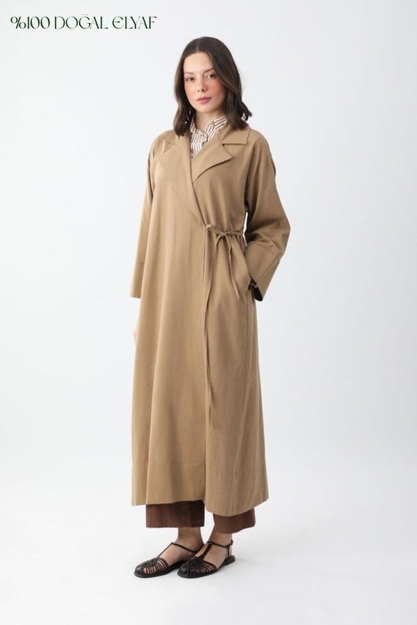 Bağlamalı Keten Trençkot camel