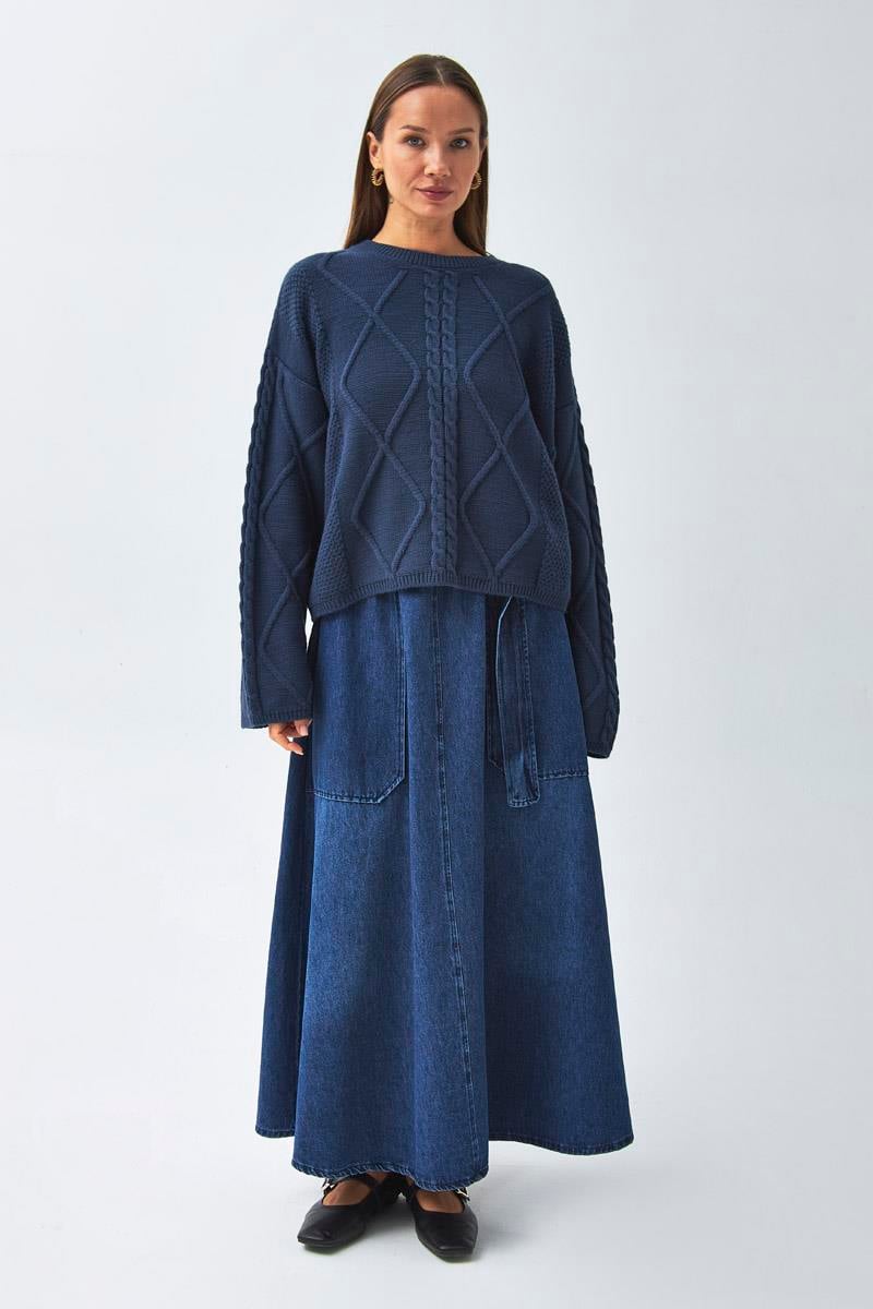 Baklava Örgü Kazak İndigo