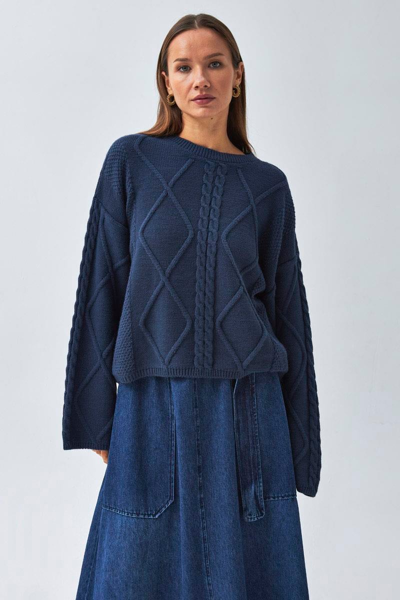 Baklava Örgü Kazak İndigo