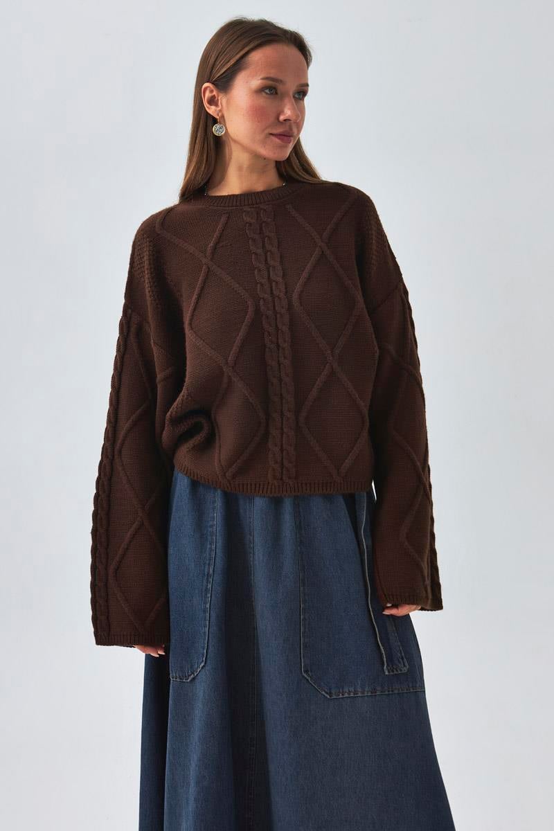 Baklava Örgü Kazak Kahverengi