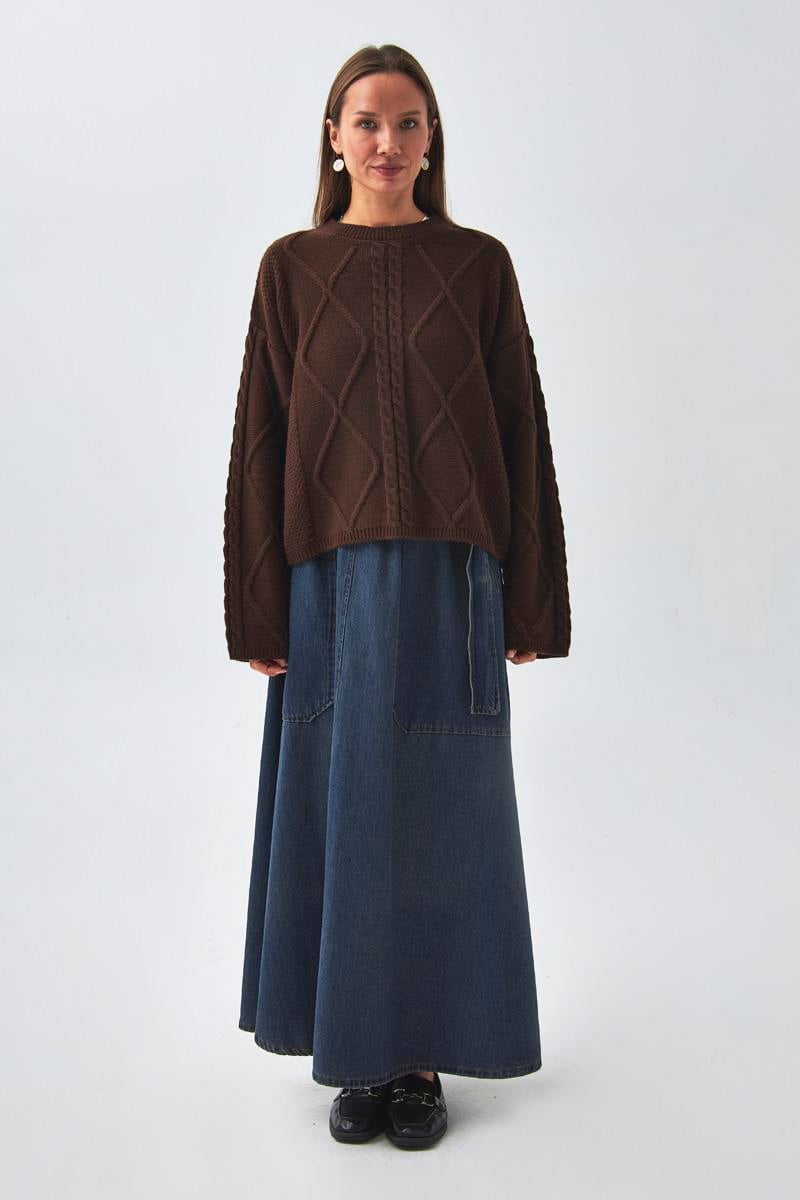 Baklava Örgü Kazak Kahverengi