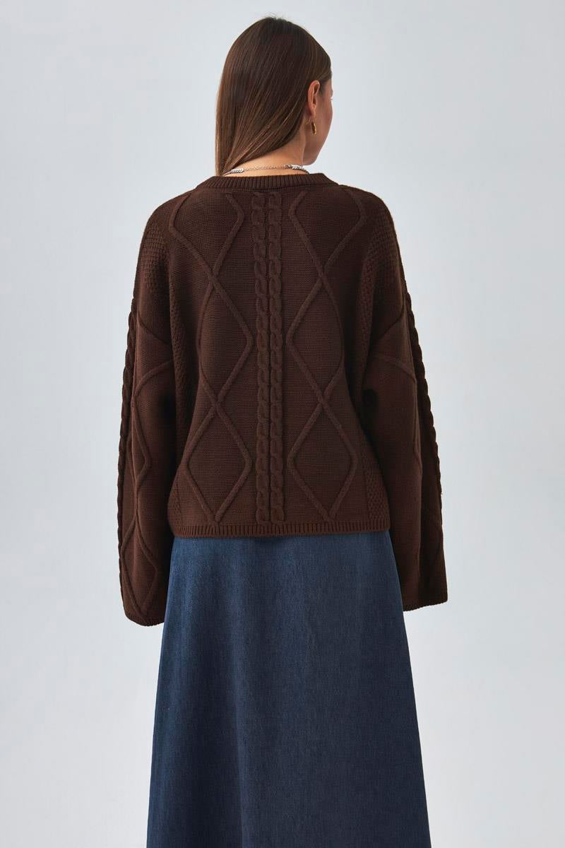 Baklava Örgü Kazak Kahverengi