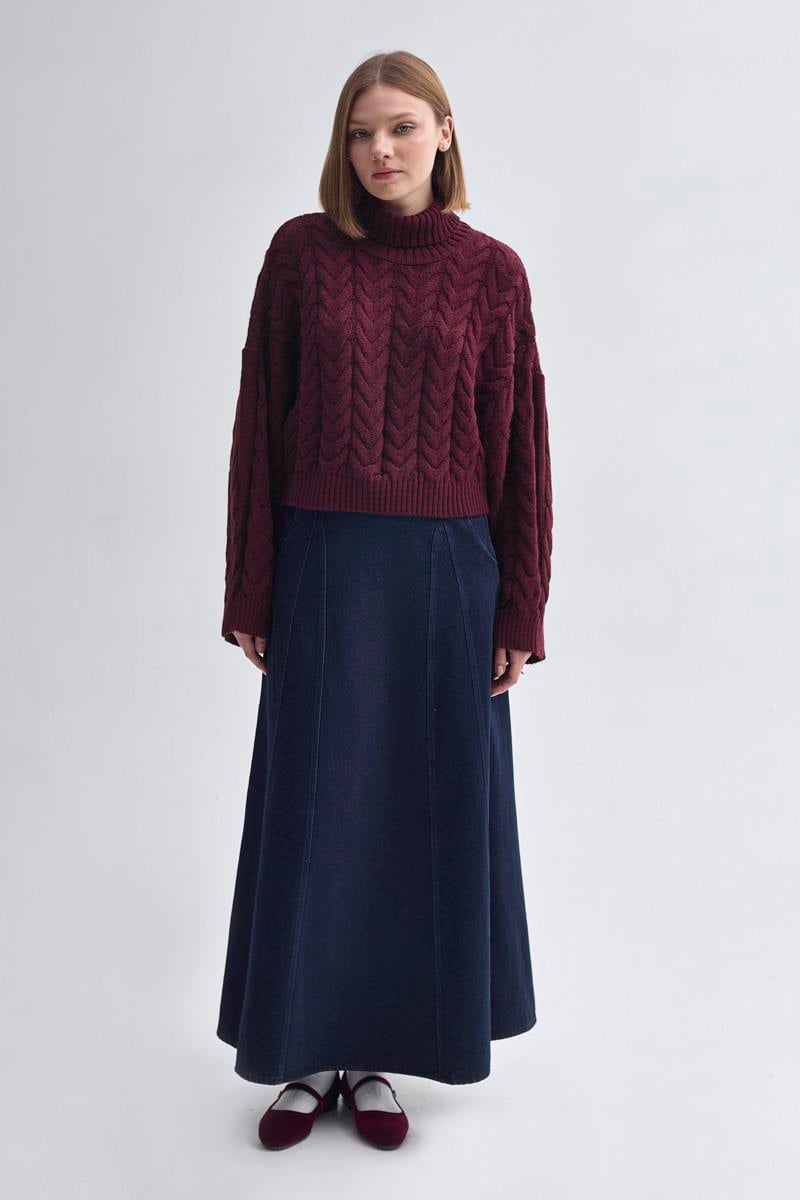 Balıkçı Yaka Crop Kazak Bordo