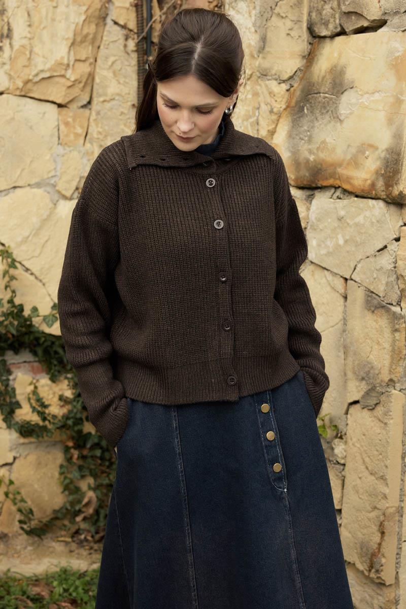 Balıkçı Yaka Hırka Acı Kahve