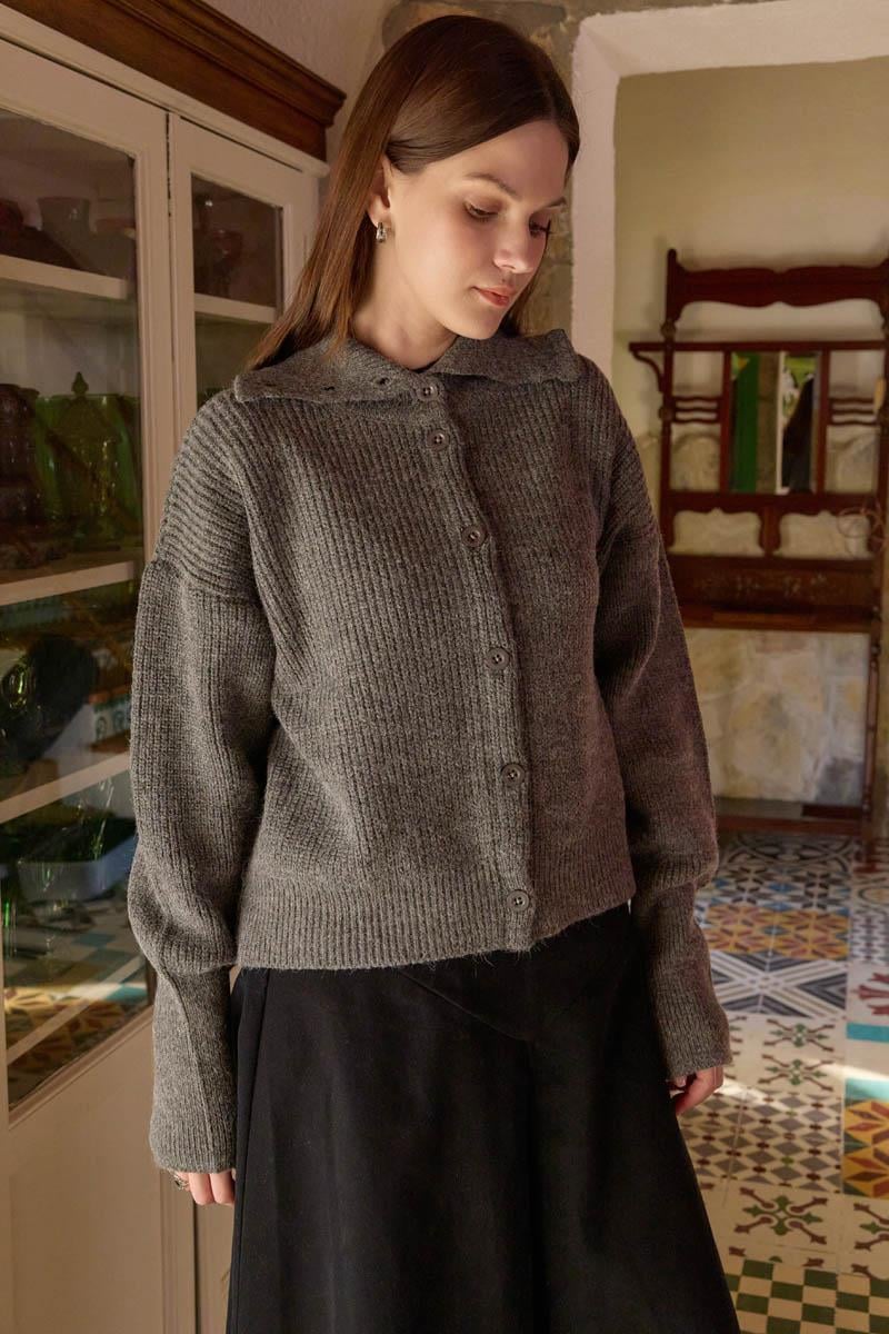 Balıkçı Yaka Hırka Antrasit