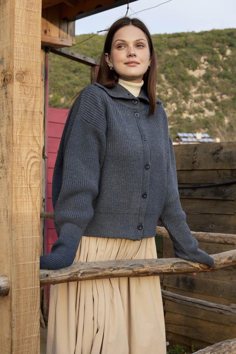 Balıkçı Yaka Hırka İndigo