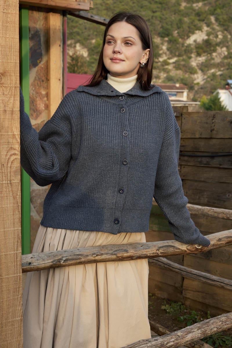 Balıkçı Yaka Hırka İndigo